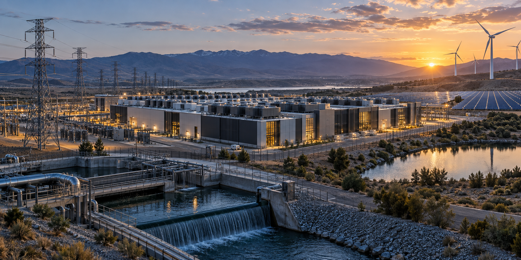 A data centre connected to the electrical grid, water systems and renewable energy