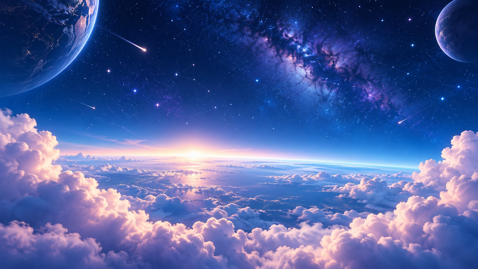 The new visual universe A luminous sky-to-space horizon with volumetric clouds, stars, planets and subtle meteor trails.