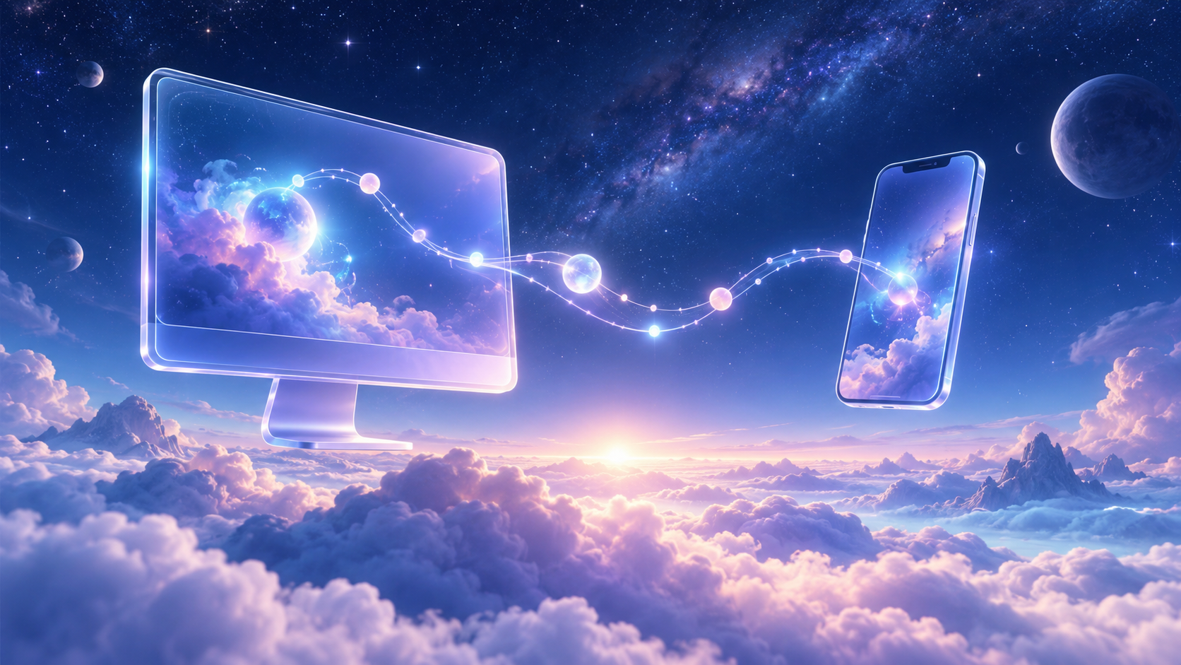 One preparation across web and mobile A desktop screen and smartphone connected by the same luminous learning constellation.