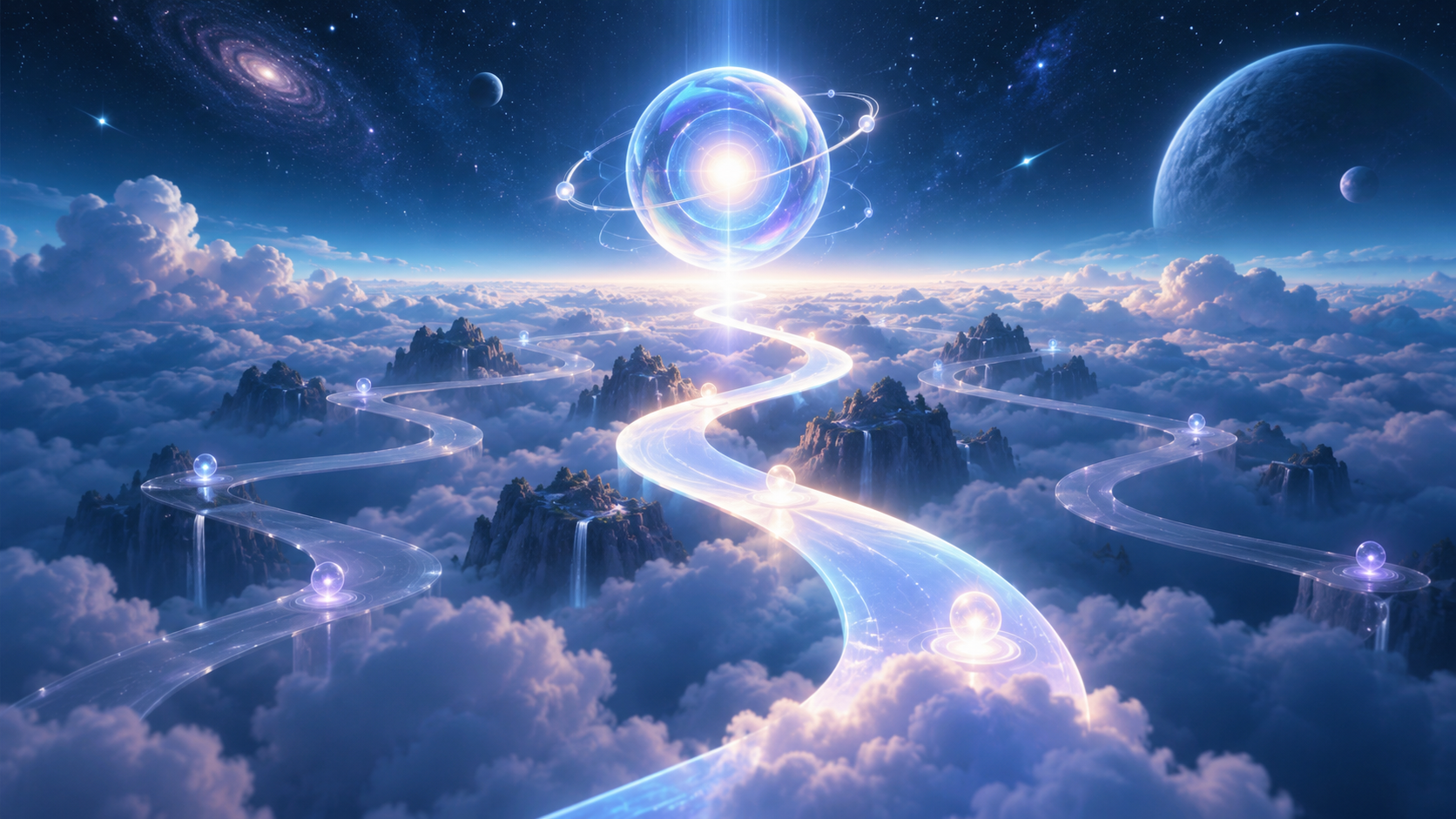 Guidance beyond a subscription A radiant guidance core illuminating one route among several paths above the clouds.