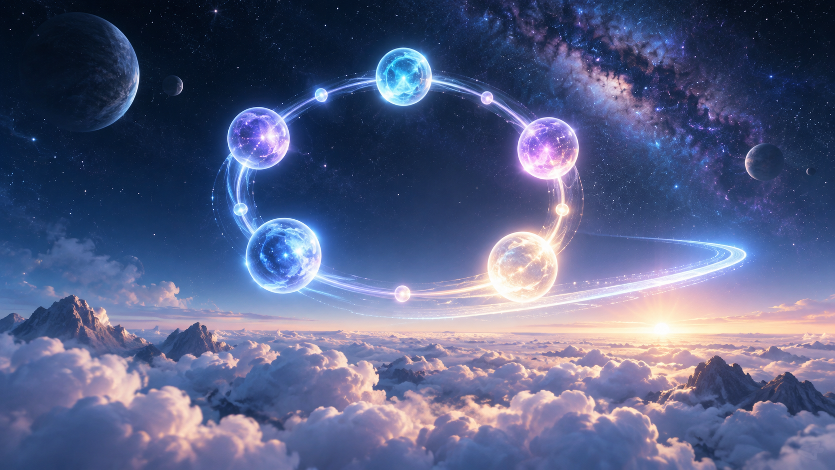 Simulators built around learning A luminous circular cycle of assessment nodes orbiting above a sunrise cloud horizon.