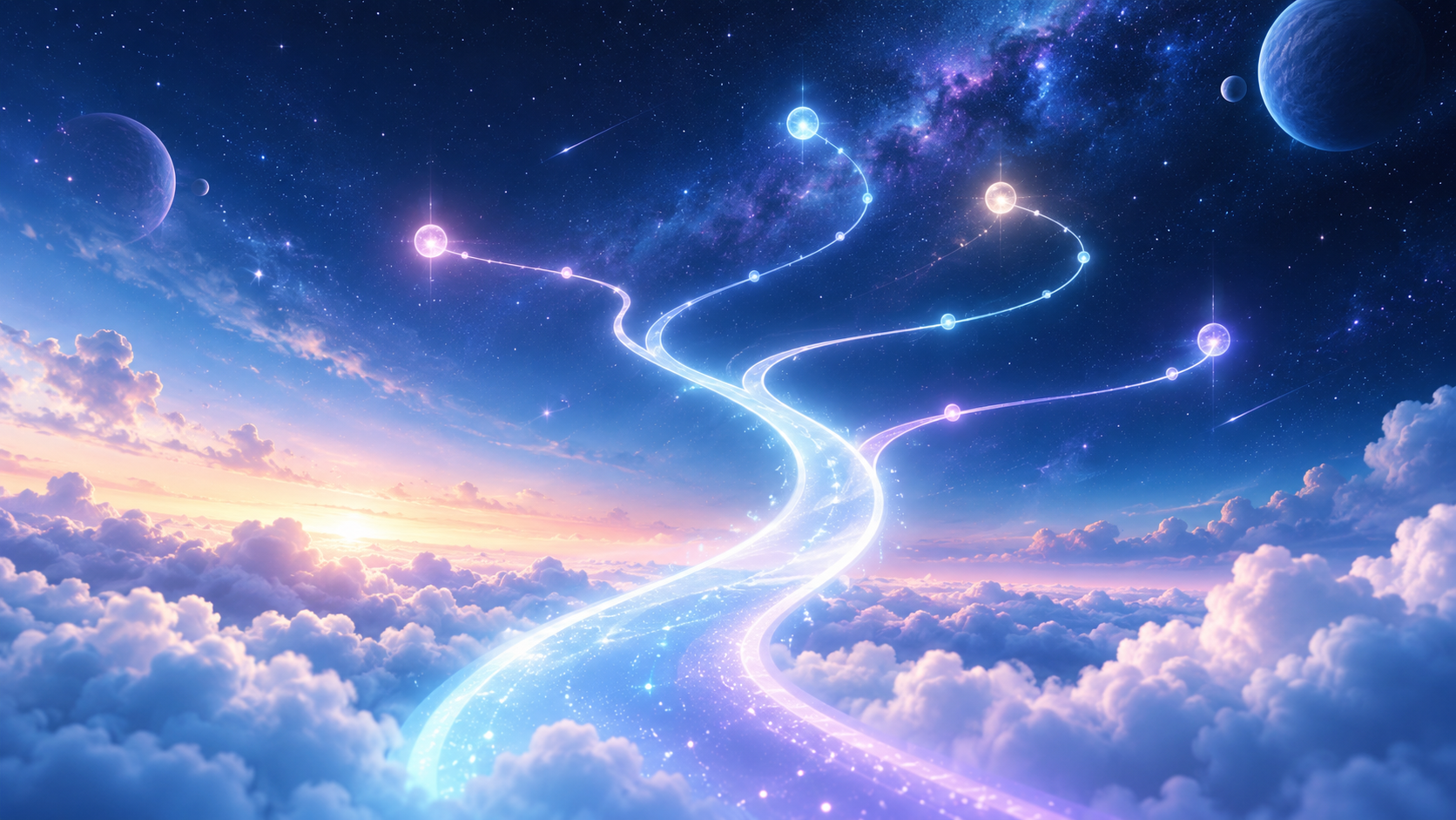 Flexible learning paths in the Without Limits universe Several luminous learning paths branching across a star-filled sky above soft clouds.