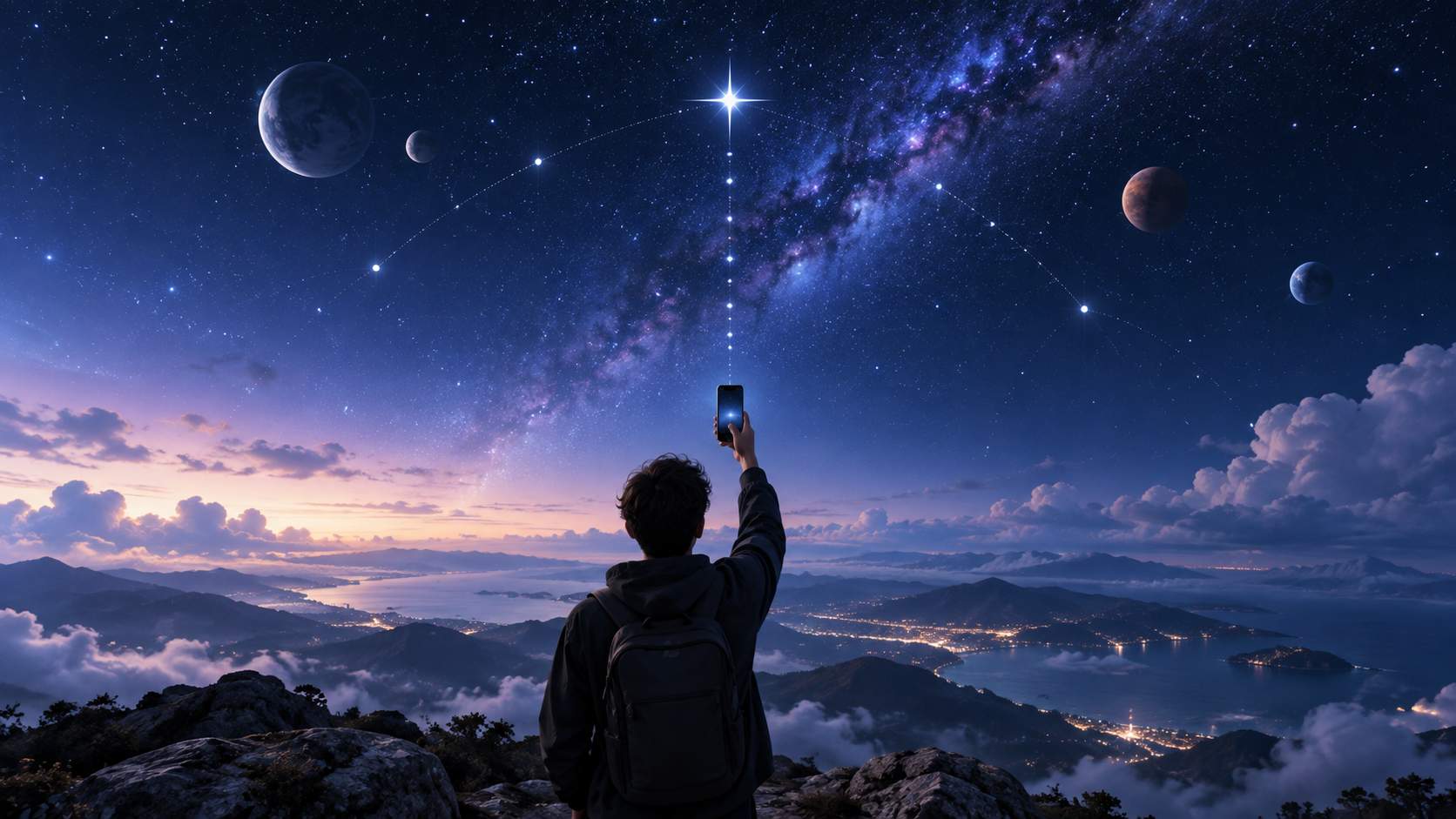 Inclick Polaris A student raising a smartphone toward a bright star and a subtle constellation above a mountain horizon.