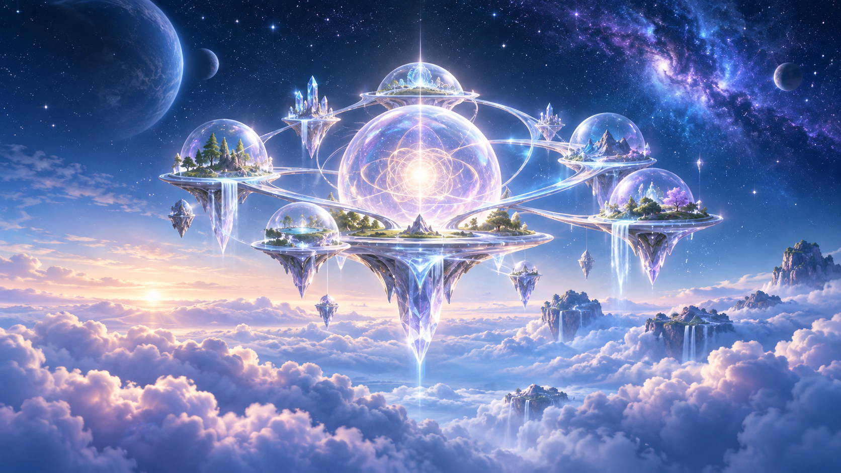The next generation of Inclick A modular crystalline educational world emerging above the clouds around a radiant core.