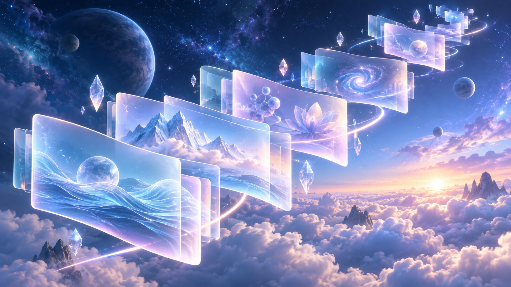 A modular architecture for courses and content Translucent modular learning panels unfolding along a luminous route through a star field.