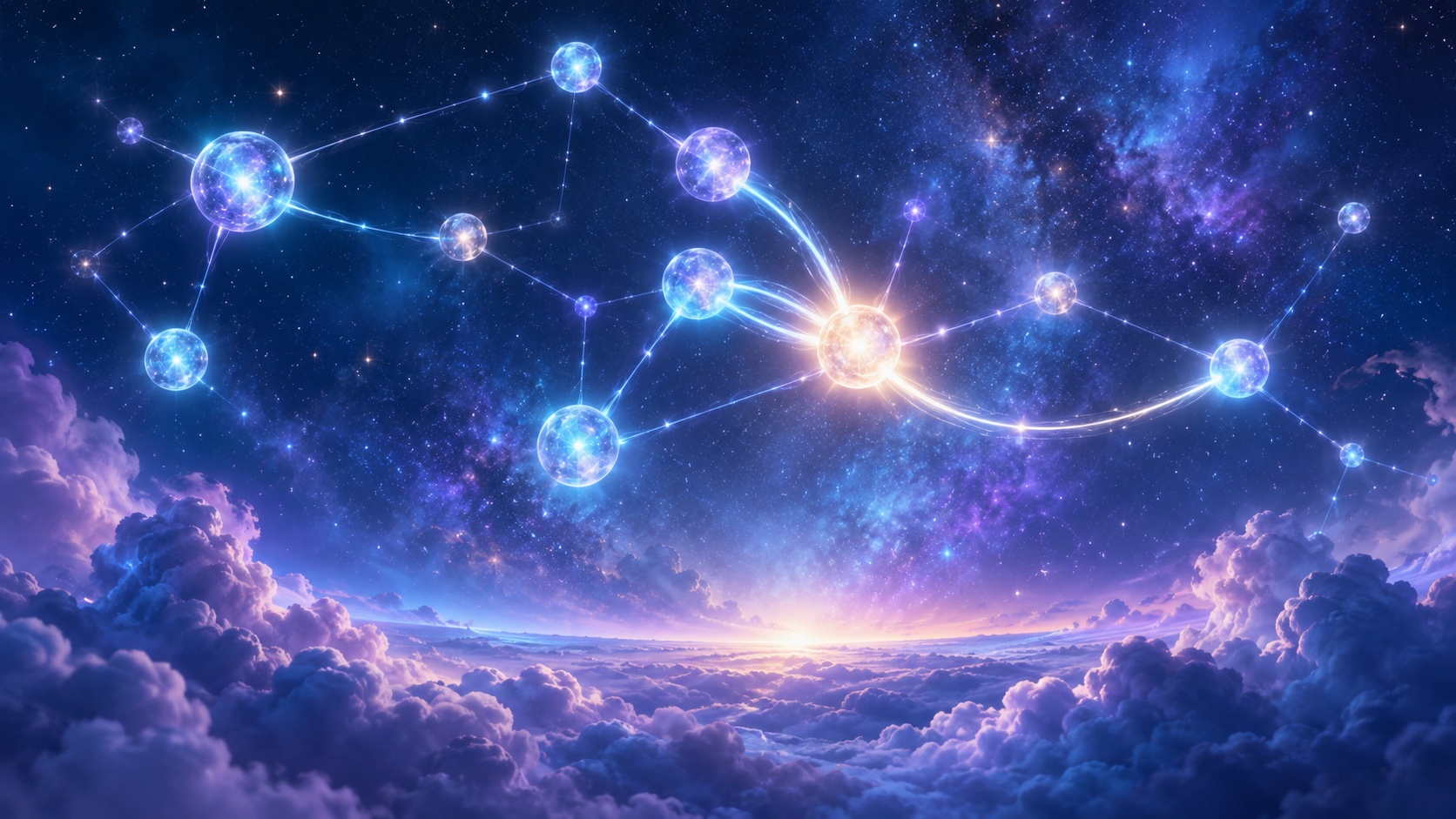 Integrated reinforcement A constellation being strengthened by connected luminous support nodes across a deep blue sky.