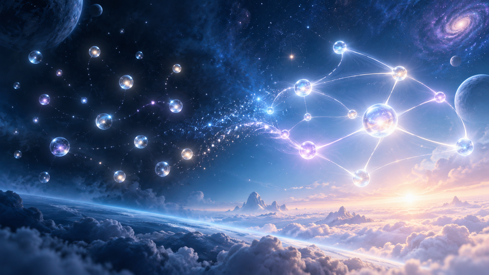 The evolution of Inclick 2.0 A fragmented constellation transforming into a brighter connected system across a cosmic horizon.