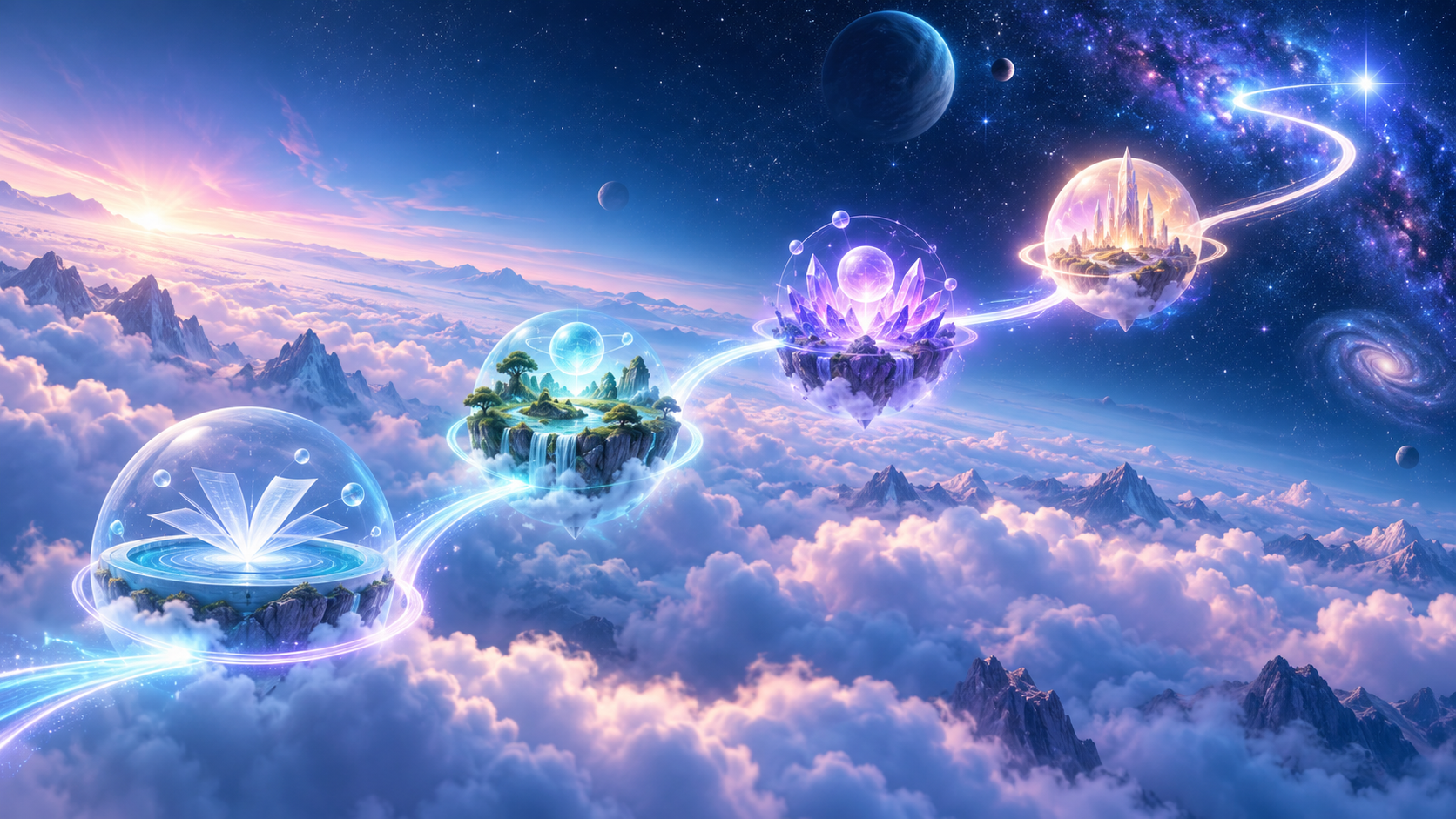Without Limits in practice A continuous luminous route passing through four connected waypoints above the clouds.