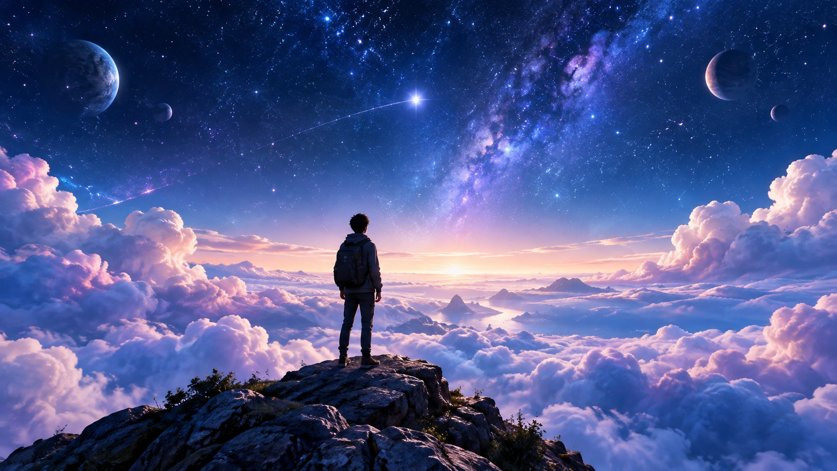 Support without replacing the student A student standing at a cloud horizon beneath a guiding star in a vast cosmic sky.