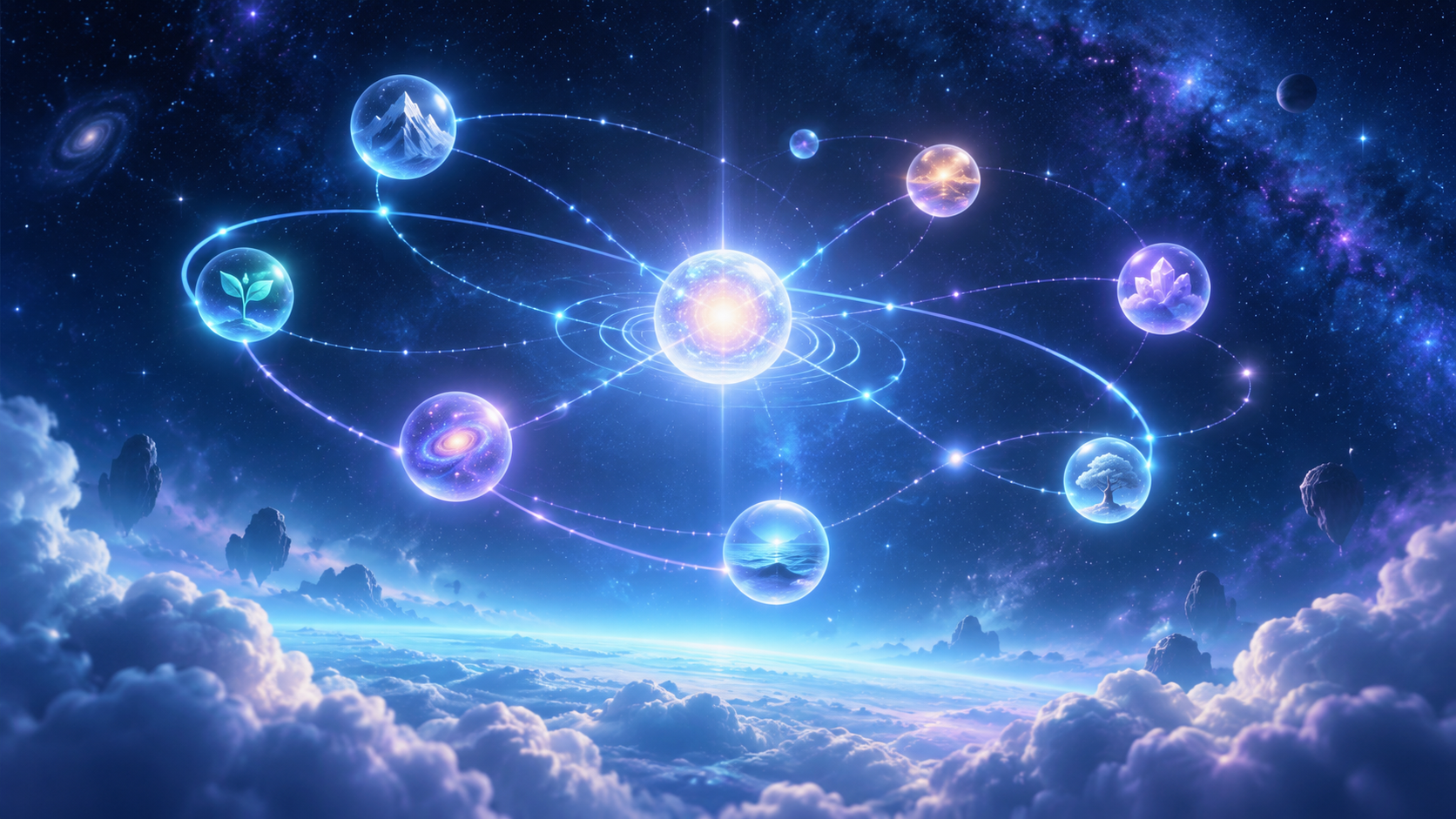 Inclick Adaptive Learning A luminous adaptive learning constellation reorganizing around a central light above the clouds.