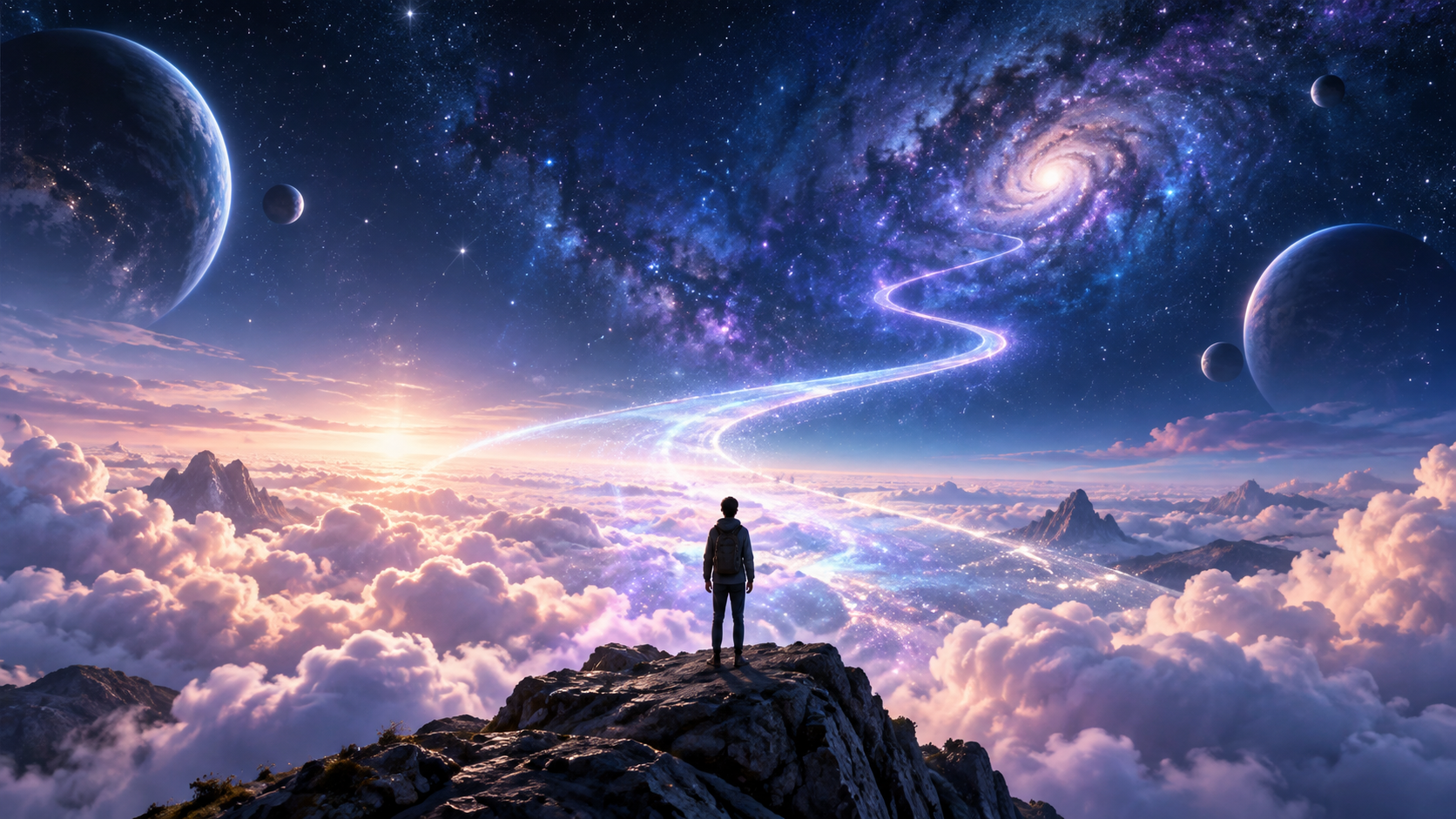 Learning Without Limits A student facing an infinite star field as a luminous path rises from the cloud horizon.
