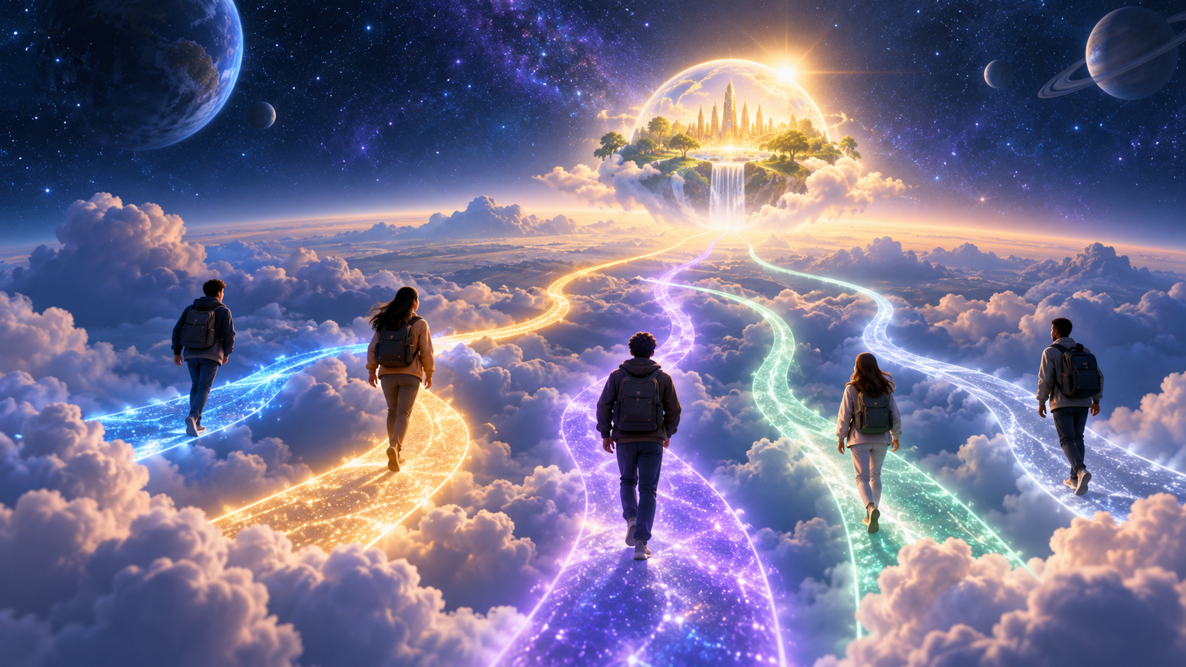 Learning from the objective Distinct luminous routes leading toward a radiant destination above a cosmic cloud horizon.