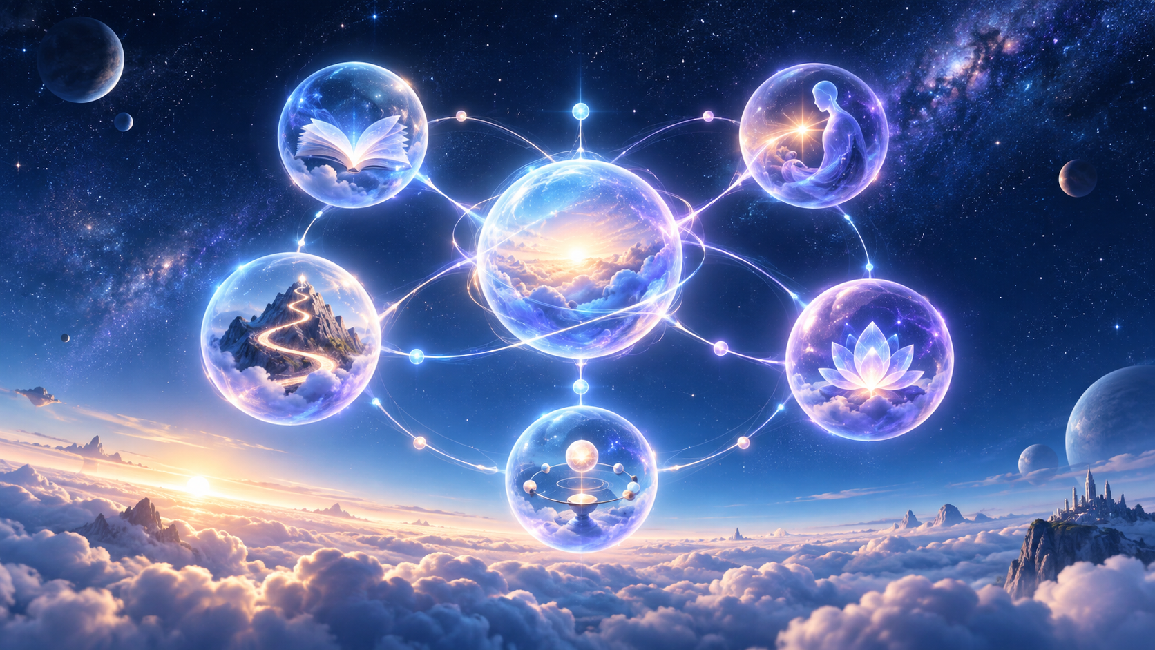 A connected preparation system Glowing learning nodes connected as one constellation above a cloud horizon.